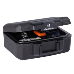 SentrySafe vista frontal de la caja ignífuga negra mostrando diseño compacto y protección