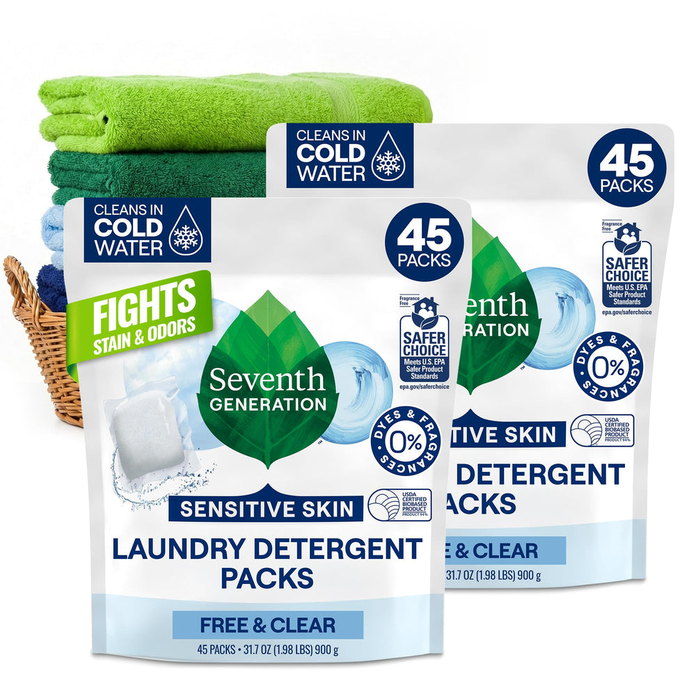 Seventh Generation frontal del envase mostrando 45 cápsulas y beneficios ecológicos