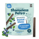 Shameless Pets front package displaying 32 dental chews and benefits