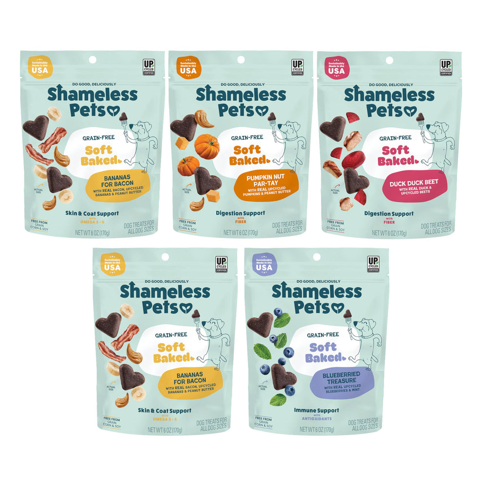 Shameless Pets pack frontal mostrando las cinco bolsas y variedad de sabores, claro beneficio nutritivo
