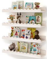 Shario front view of four white scalloped floating shelves showing tidy storage benefit