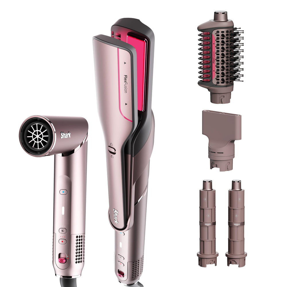 Shark FlexFusion front view showing sleek blush finish and ergonomic handle for easy styling