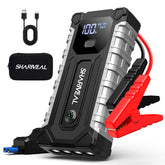 Sharmeal front view showing compact jump starter and benefits of portability