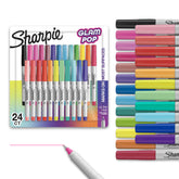Sharpie caja frontal mostrando 24 colores vibrantes y organización práctica