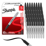 Sharpie pack front view showing 40 black fine tip markers, clear supply benefit
