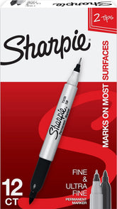 Sharpie frontal del paquete mostrando 12 marcadores negros y beneficios prácticos