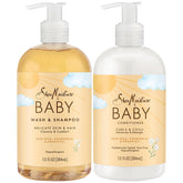 SheaMoisture set frontal mostrando botellas y beneficios suaves