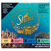 Sheba caja frontal mostrando pack variedad de mariscos, facilita elección