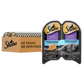 Sheba front packaging showing whitefish and tuna flavor and convenient trays benefit convenience
