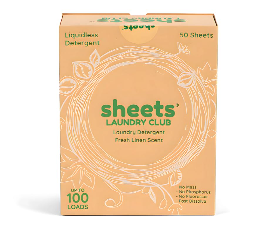 SHEETS LAUNDRY CLUB frente del empaque mostrando ahorro de espacio
