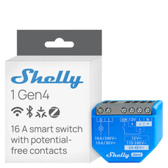 Shelly 1 Gen4 frontal mostrando su tamaño compacto y facilidad de montaje