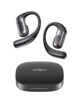 SHOKZ OpenFit Pro front view showing sleek black design and secure fit benefit