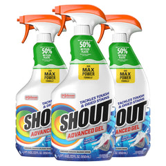 SHOUT envase frontal del gel quitamanchas mostrando pulverizador y diseño compacto