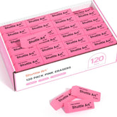 Shuttle Art front packaging showing 120 pink erasers, convenient bulk supply