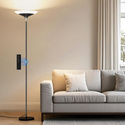 SIBRILLE torchiere front view showing modern black silhouette and even room light