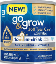 Similac Go & Grow 360 front can showing packaging and benefit for toddler nutrition
