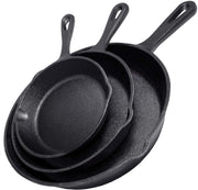 Simple Chef front packaging set showing three pre-seasoned skillets for immediate use