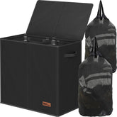 Simple Houseware front view showing dual compartments and lid keeping laundry organized