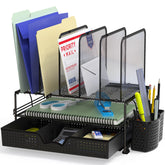 Simple Houseware vista frontal del organizador negro con múltiples compartimentos, optimiza espacio