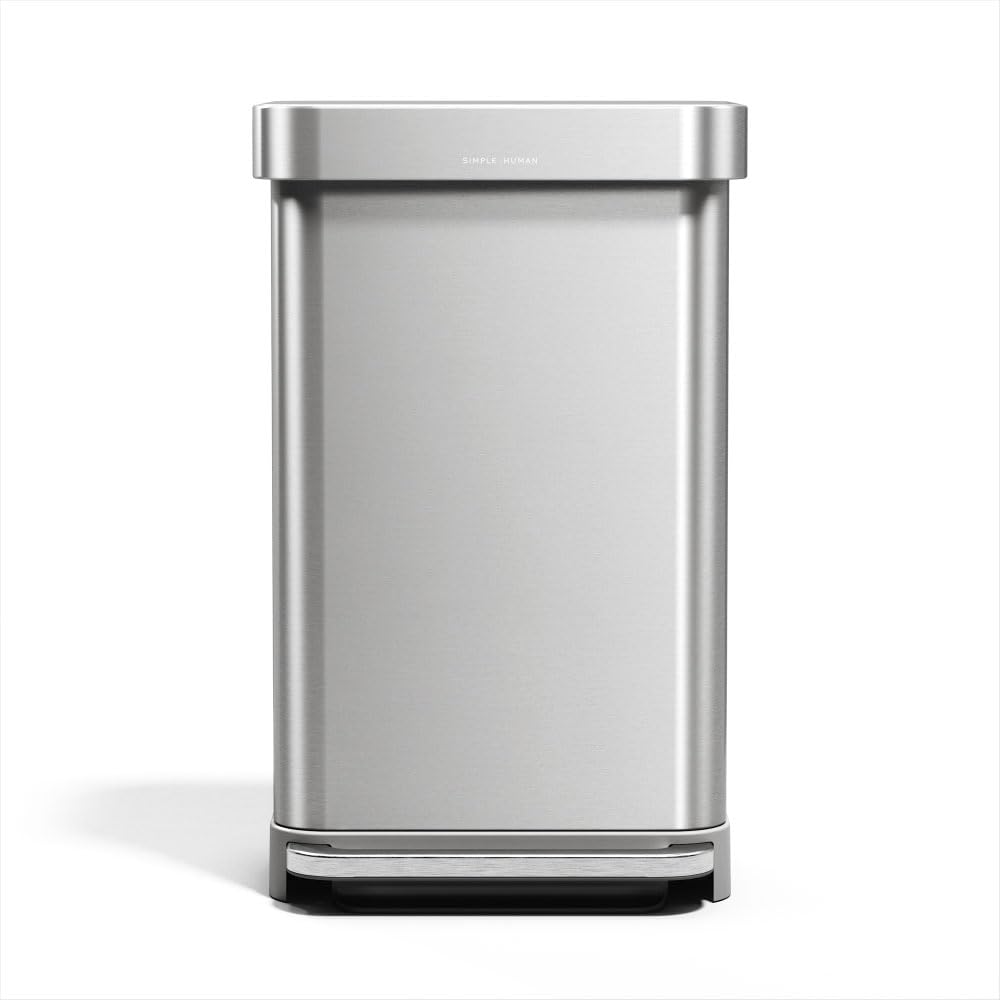 simplehuman front view of 45L rectangular step can showing clean profile and space-saving shape