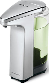 simplehuman brushed nickel front view showing compact dispenser and neat countertop benefit