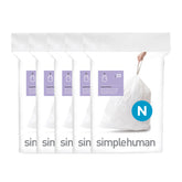 simplehuman front packaging showing Code N liners and capacity, organized benefit