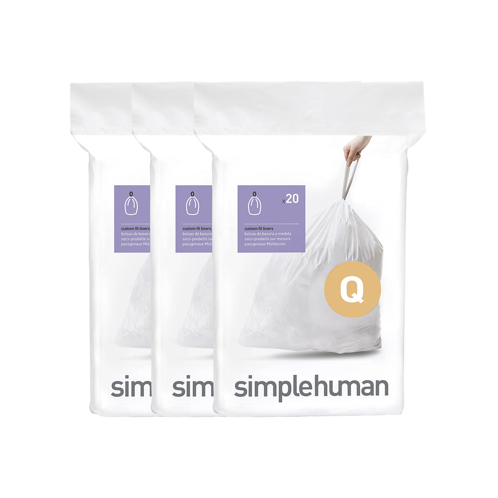 simplehuman empaque frontal Code Q mostrando 60 bolsas y dispensador práctico