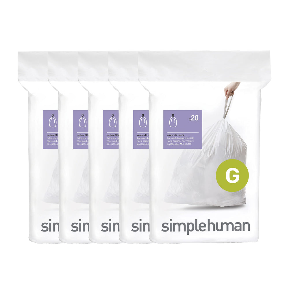 simplehuman paquete frontal de 100 bolsas Code G mostrando el diseño y conveniencia