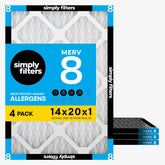 Simply front packaging showing 14x20x1 four-pack and fit benefit