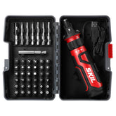 Skil screwdriver front view with 45-piece bit set showing compact kit and portability