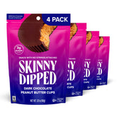 SkinnyDipped frente del empaque mostrando pack de 4 bolsas, conveniencia para llevar