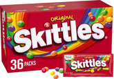 Skittles caja frontal mostrando 36 paquetes, ideal para eventos
