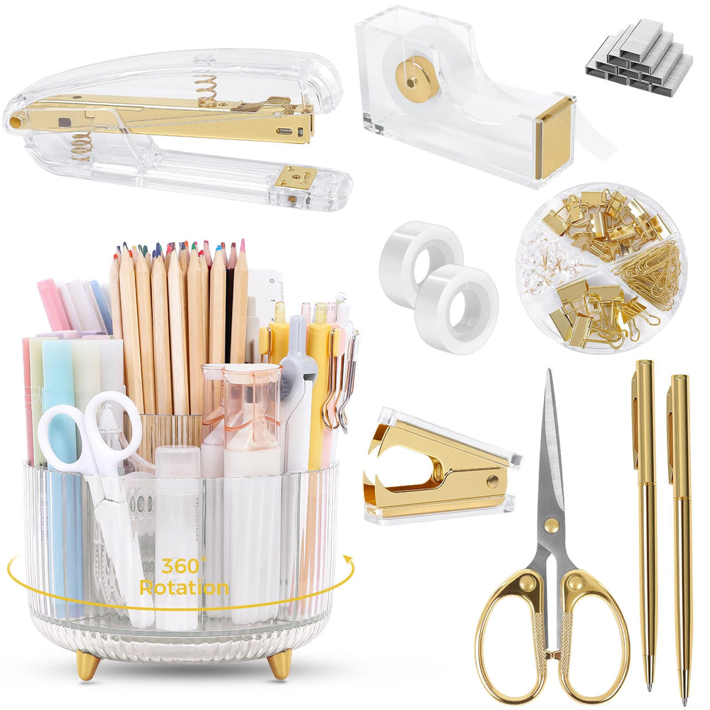 SKYDUE vista frontal del set Gold con todos los accesorios, aporta orden elegante