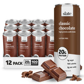 Slate lata frontal del batido chocolate clásico mostrando diseño y conveniencia