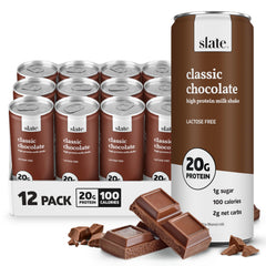 Slate lata frontal del batido chocolate clásico mostrando diseño y conveniencia