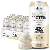 Slate lata frontal vainilla mostrando etiqueta y beneficios de macros