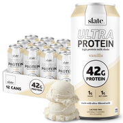 Slate lata frontal vainilla mostrando etiqueta y beneficios de macros
