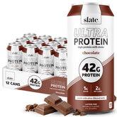 Slate front packaging of chocolate ultra protein shake showing nutrition highlights and benefit