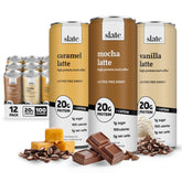 Slate pack frontal de 12 latas mostrando los tres sabores y conveniencia