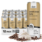 Slate lata frontal Sweet Cream Latte mostrando etiqueta y diseño, sabor cremoso y práctico