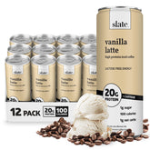 Slate front can of Vanilla Latte showing branding and nutrition at a glance for easy selection
