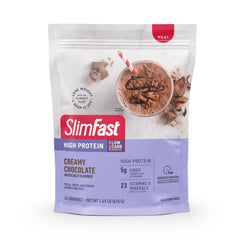 SlimFast envase frontal mostrando sabor chocolate y porciones para conveniencia