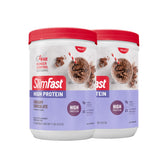 SlimFast front packaging showing chocolate tub and brand benefits