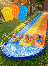 Sloosh triple slide full view showing three lanes and splash pool benefit: group play