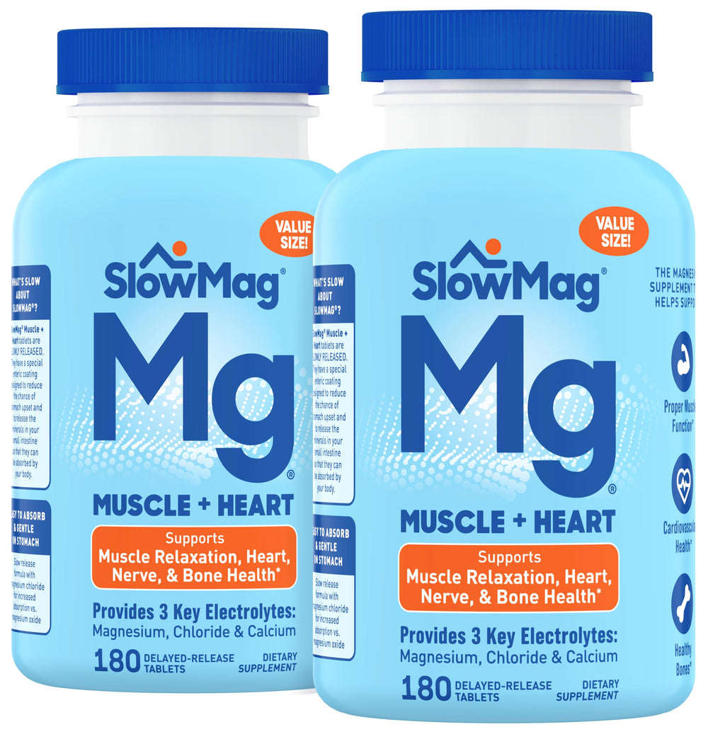 Slow-Mag vista frontal del envase mostrando 180 tabletas y beneficio de soporte mineral