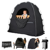 SlumberPod front view showing blackout tent and light reduction benefit