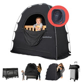 SlumberPod vista frontal mostrando la tienda que oscurece y aporta privacidad