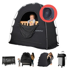 SlumberPod vista frontal mostrando la tienda que oscurece y aporta privacidad