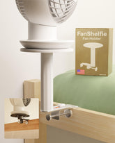 Smallish FanShelfie front view showing white holder and clean design for space-saving