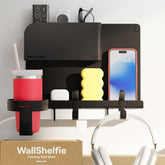 Smallish WallShelfie front view showing sleek black shelf and tidy storage benefit